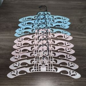 10 Vintage Child Pink & Baby Blue Plastic Swivel Clothes 12” Hangers w/ LAMBS